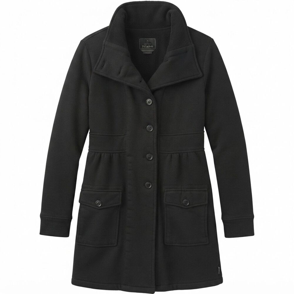 prAna Women's Black Button Front Fleece Lined Coat Jacket Size M Retro Winter